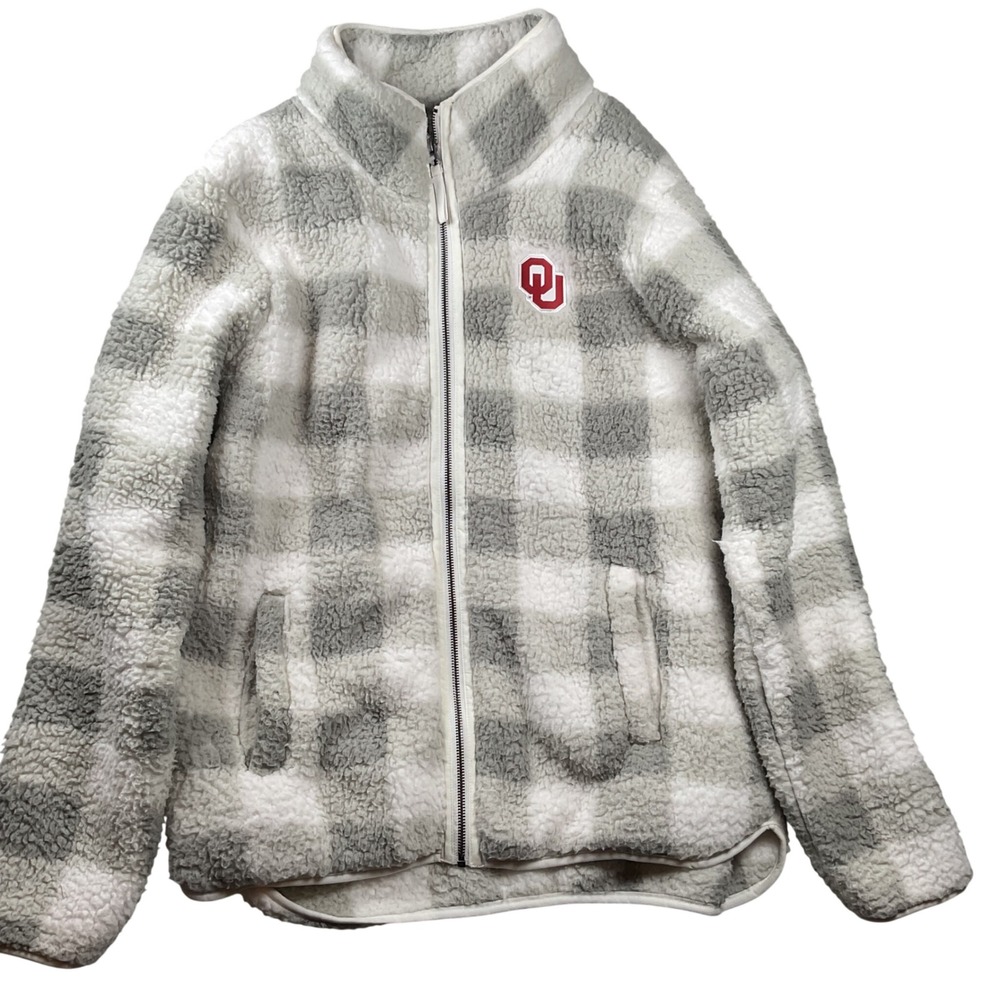 Top of the World Oklahoma Sooners Fleece Jacket XL Grey Plaid Sherpa Full Zip
